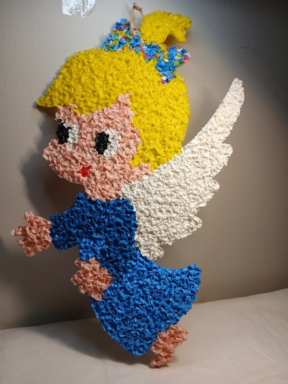 Vtg Popcorn Plastic Blue and White Angel Wall Hanging Decorative Holiday Decor